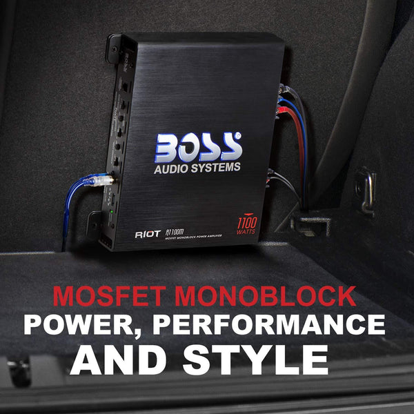 BOSS Audio Systems R1100MK Car Amplifier and 8 Gauge Wiring Kit - 1100 Watts Max Power, 2 4 Ohm Stable, Class AB, Monoblock, Mosfet Power Supply, Remote Subwoofer Control