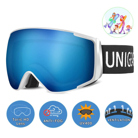 Unigear Skido X2 Ski Goggles, Toric Dual Lens Snowboard Snow Goggles for Kids, Men and Women - OTG & 100% UV Protection (Silver Lens (VLT 6.6%), Kids)