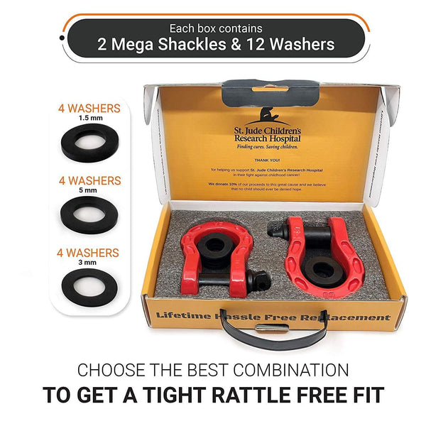 GearAmerica Mega Duty D Ring Shackles Red (2PK) | 68000 lbs (34 Ton) Tested Strength | 3/4" Shackle + 7/8 Pin + Washers| Securely Connect Tow Strap or Winch Rope to your Jeep for Off-Road 4x4 Recovery