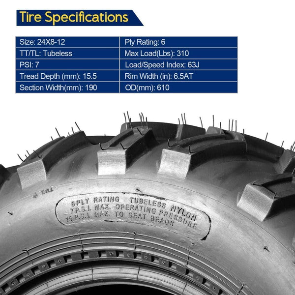 MaxAuto ATV/UTV Tires 24x8-12 24x8x12 6 Ply Tubeless,2 Set