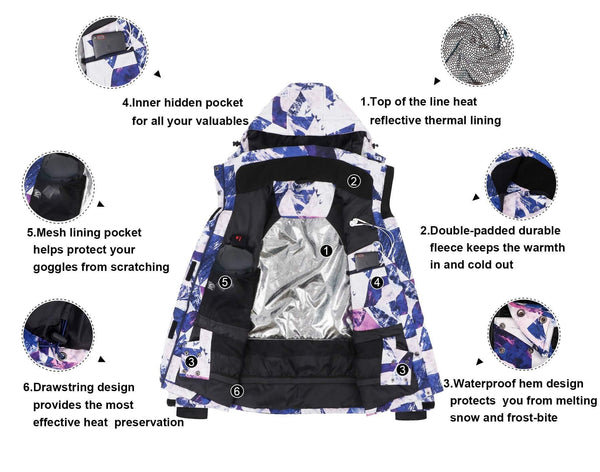 Andorra Ski Jacket Womens Waterproof Mountain Jacket Windproof Snow Jacket,Retro Violet Grunge,S