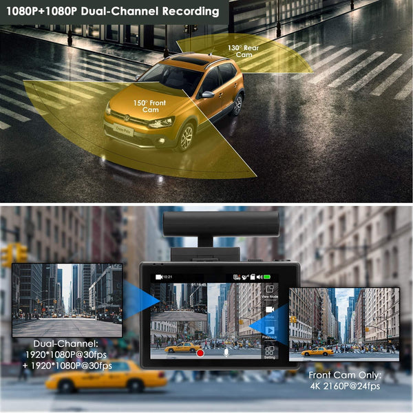 Lifechaser Dual Dash Cam 4K Front and Rear Car Camera 1080P+1080P, 3" OLED Touch Screen WiFi GPS Night Mode 150°, Parking Mode, Time Lapse, WDR, G-Sensor, Loop Recording for Cars, Trucks
