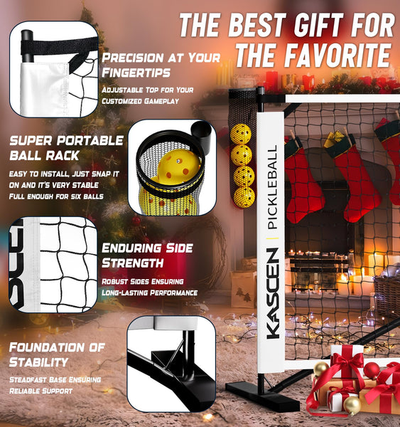 Kascen Pickleball Net - 22 FT Regulation Size Portable Pickleball Net, Pickle Ball Net with Exclusive Ball Holder, 4 Pickleballs & Carry Bag, Pickle Ball Net for Outdoor Indoor Driveway Backyard White