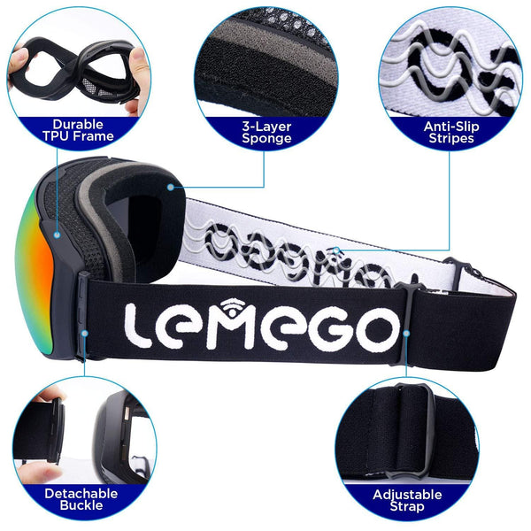 LEMEGO Ski Goggles Snowboard Goggles - Magnetic Frameless Interchangeable 100% UV400 Protection Dual Layers Anti-Fog Spherical Lens Anti-Slip Strap Helmet Compatible for Men & Women Youth (Red)
