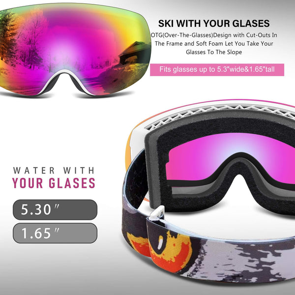 ECOCITUSS OTG Ski Goggles Snowboard Goggles Anti Fog Snow Goggles for Men Women Youth,100% UV Protection，Windproof Helmet Compatible Dual Lens Goggles for Skiing & Skating & Outdoor Sport