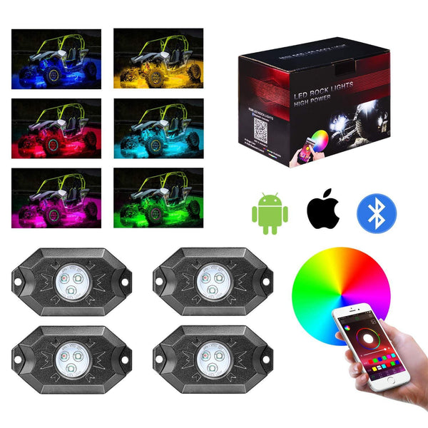 RGB LED Rock Light Kits, Teochew-LED 4 Pods RGB Rock Lights with Bluetooth Controller Multicolor LED Underglow Light Kits Neon LED Wheel Well Lights for RZR ATV UTV Truck SXS Jeep Car