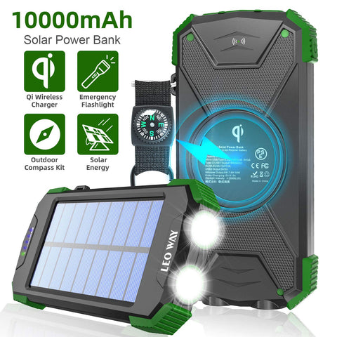 Solar Charger 10000mAh, Portable Solar Power Bank IPX4 Splashproof Outdoor Travel Qi Wireless Solar Panel Charging External Battery Pack with DC5V/2.1A USB Output/Type-C Input/Dual Flashlight/Compass