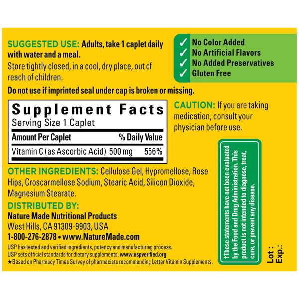 Nature Made Vitamin C 500 mg Caplets with Rose Hips, 130 Count (Packaging May Vary)