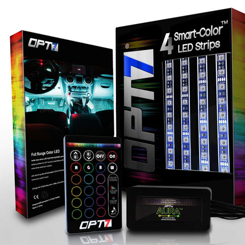 OPT7 Single Row Aura 4pc Auto Interior Lighting LED Strip Kit-16+ Smart-Color, Soundsync, Show Patterns, and Remote-Accent Underdash Footwell Floor