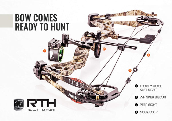 Bear Archery Pledge Compound Bow Includes Trophy Ridge Mist 3-Pin Sight, Whisker Biscuit, Peep Sight, and D-Loop