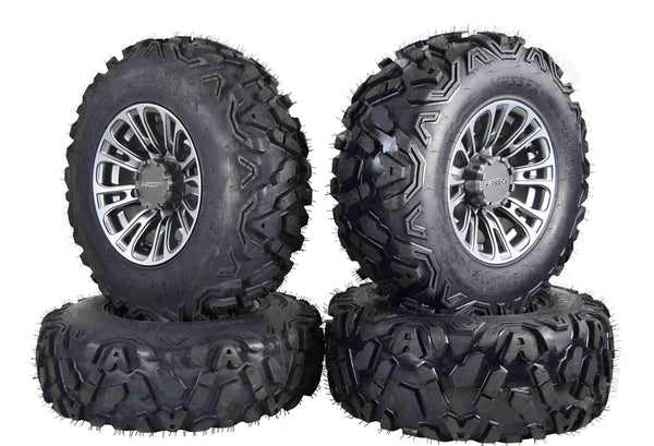 MASSFX SL 25x8-12 25x10-12 ATV Tires with QUAKE Gunmetal 12x7 4/156 Rims UTV Wheel and Tire Kit with Lug Nuts