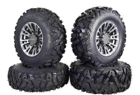 MASSFX SL 25x8-12 25x10-12 ATV Tires with QUAKE Gunmetal 12x7 4/156 Rims UTV Wheel and Tire Kit with Lug Nuts