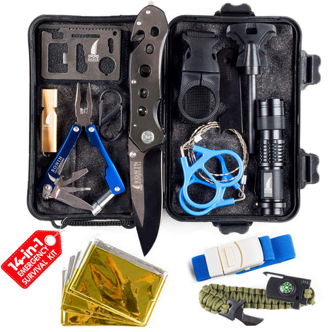 Survival Kit Tactical Camping Gear 14 in 1 Backpack Hiking Outdoor Gifts for Men and Women - Car Emergency EDC Tools - SOS Earthquake Kit Disaster Preparedness