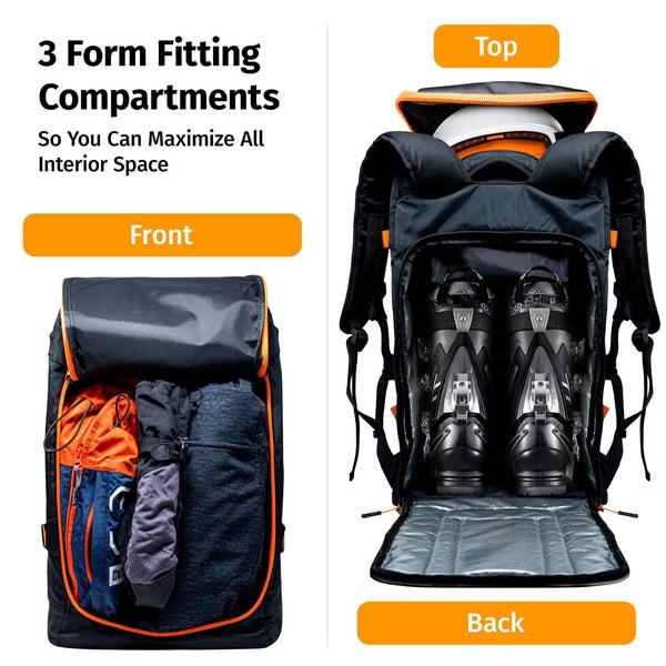 Ski Boot Bag Backpack 50L - Snowboard & Ski Boots, Helmet Travel Bag for Flying Air Travel - Ergonomic Skiing Gear Accessories (Gloves, Jacket, Goggles) Carrier Luggage with Adjustable Straps