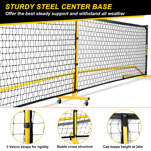 Portable Pickleball Net on Wheels, 22FT Pickleball Net for Driveway Backyard, Strong PE Net, Metal Frame, 4 Pickle Balls, 1 Carry Bag, Pickleball Net System for Indoor & Outdoor Play