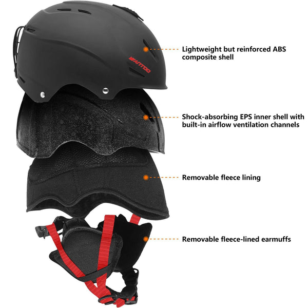 Wantdo Ski Helmet, CPSC Certified Safety Snow Helmet for Men, Women and Youth - Goggles Compatible, Venting Control, Velvet Lining Ear Pads Snowboard Helmet, M/L， Black/Red