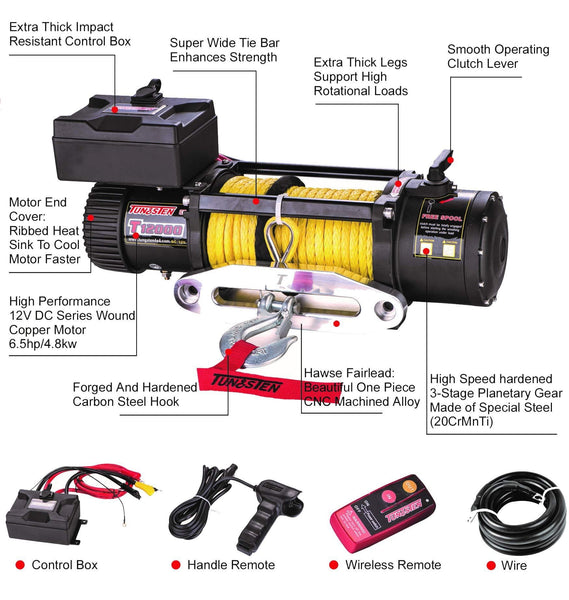Tungsten4x4 T12000S Offroad 12000 lbs Load Capacity 6.5Hp 12V Electric Winch with Synthetic Rope, Hawse Fairlead and Wireless Remote