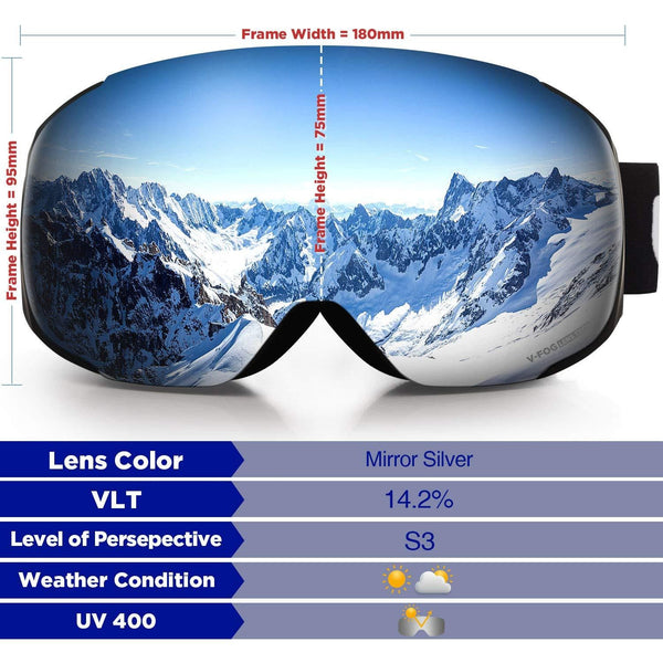 LEMEGO Ski Goggles PRO 90S Super Anti-Fog Ski Snowboard Interchangeable Lens 100% UV400 Protection Snow Goggles Anti-Slip Strap for Men&Women Silver（VLT 14.2%）