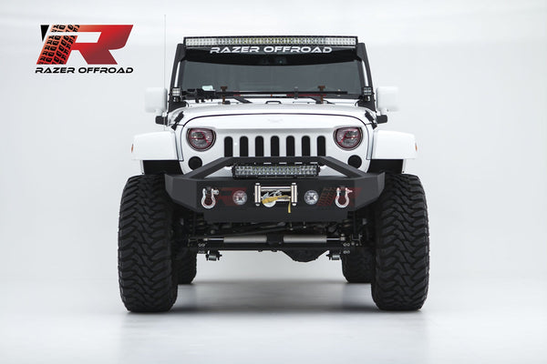 Razer Auto Black Textured Rock Crawler Stubby Front Bumper with OE Fog Light Hole, 2x D-Ring and Built-In 22" LED Light bar mount & Winch Mount Plate (Black) for 07-18 Jeep Wrangler JK