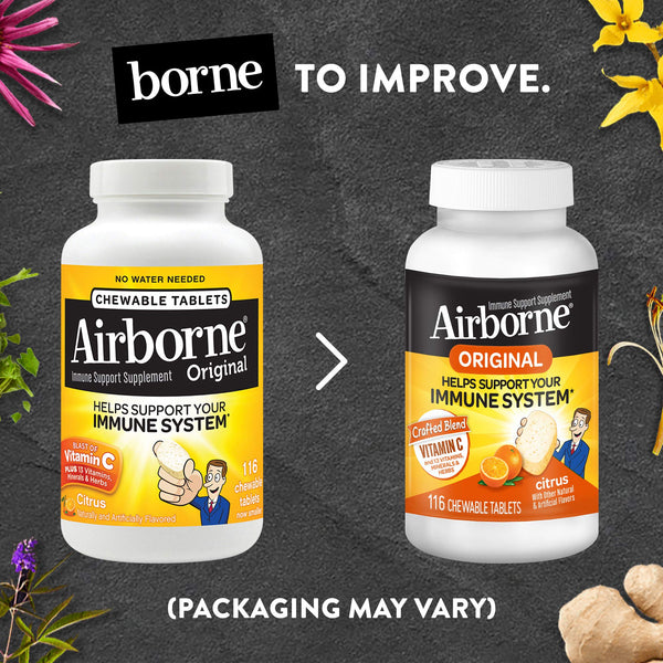 Vitamin C 1000mg - Airborne Citrus Chewable Tablets (116 count in a bottle), Gluten-Free Immune Support Supplement and High in Antioxidants, Packaging May Vary