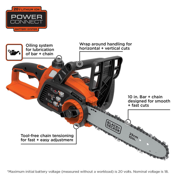 BLACK+DECKER 20V MAX Cordless Chainsaw, 10-Inch (LCS1020)