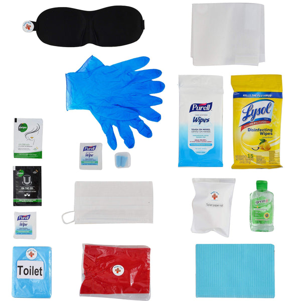 Sani-Fly Seat Sanitation Travel Kit OCD Cleaning Kit for Planes, Trains & Automobiles with Disinfecting, Sanitizing & Hygiene Wipes, Eye Mask, Neck Pillow, Tray & Headrest Covers, Rubber Gloves & More
