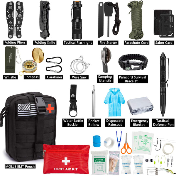 Emergency Survival Kit 47 in 1 Professional Survival Gear Tool First Aid Kit SOS Emergency Tactical Flashlight Knife Pliers Pen Blanket Bracelets Compass with Molle Pouch for Camping Adventures