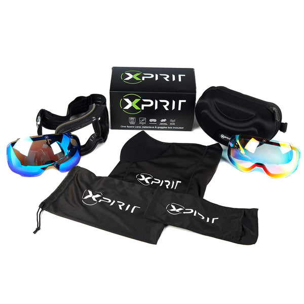 XPIRIT Ski & Snowboard Goggles Men & Women - 100% UV Protection, Anti-Fog & Anti-Scratch - Over-The-Glasses Design, Interchangeable Magnetic Dual Layers Lens - 2 Pairs of Lenses
