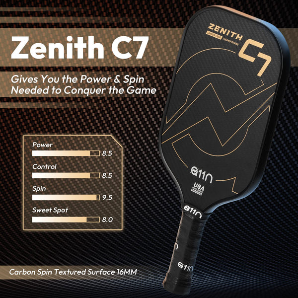 A11N Zenith C7-16mm Pickleball Paddle, T700 Carbon Fiber Thermoformed with Foam Injected Walls, USA Pickleball Approved, Elongated Shape, Gold