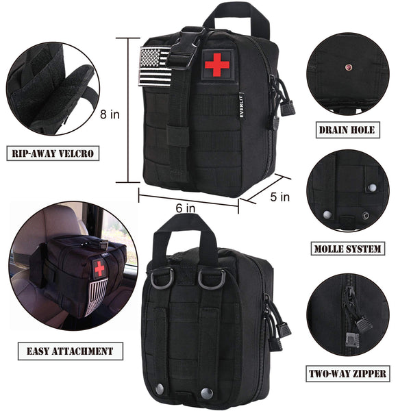 EVERLIT 250 Pieces Survival First Aid Kit IFAK Molle System Compatible Outdoor Gear Emergency Kits Trauma Bag for Camping Boat Hunting Hiking Home Car Earthquake and Adventures (Black)