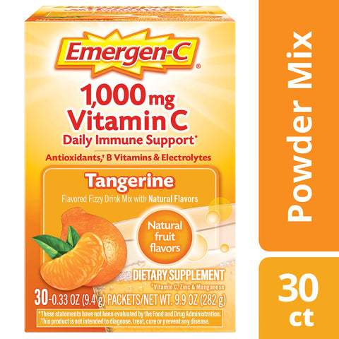 Emergen-C Vitamin C 1000mg Powder (30 Count, Tangerine Flavor, 1 Month Supply), With Antioxidants, B Vitamins And Electrolytes, Dietary Supplement Fizzy Drink Mix, Caffeine Free