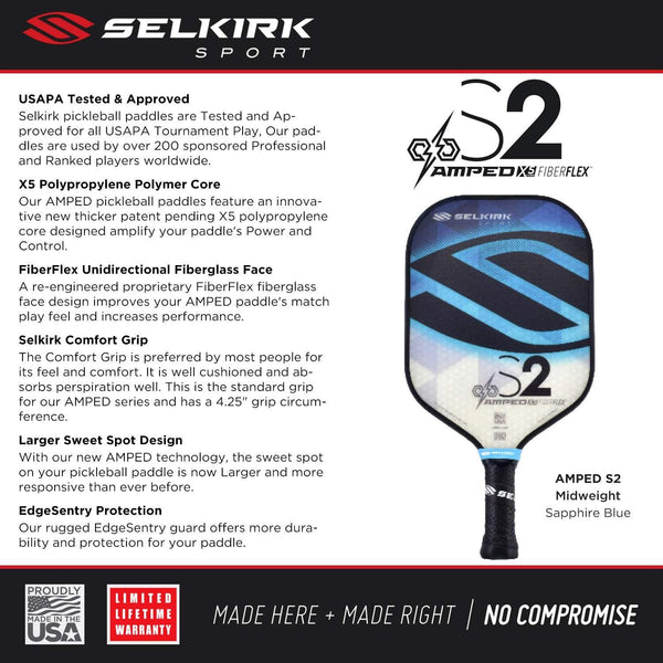 Selkirk Amped Pickleball Paddle - USAPA Approved - X5 Polypropylene Core - FiberFlex Fiberglass Face - 5 Sizes: Epic, S2, Omni, Maxima, and INVIKTA (S2 Midweight - Sapphire Blue) [product _type] Selkirk Sport - Ultra Pickleball - The Pickleball Paddle MegaStore