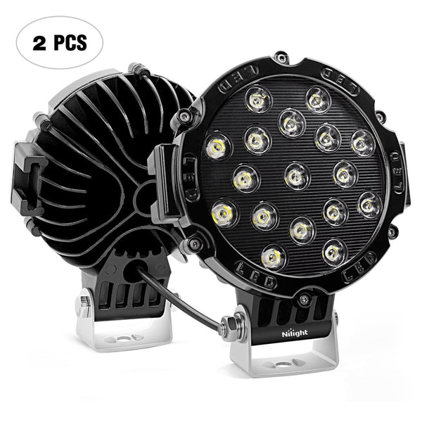 Nilight 15023SB-B Led 2PCS 7" 51w 5100LM Black Round Spot Light Pod Off Road Fog Driving Roof Bar Bumper for Jeep,SUV Truck, Hunters, 2 Years Warranty