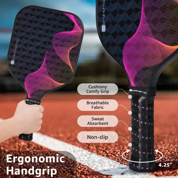 Pickleball-Paddle-Set of 2 Paddles and 4 Indoor Outdoor Balls in Backpack, Fiberglass Pickleball Rackets Pink, Blue for Men Women | Dinkhiiro Pickleball Equipment and Accessories for Adults, Kids