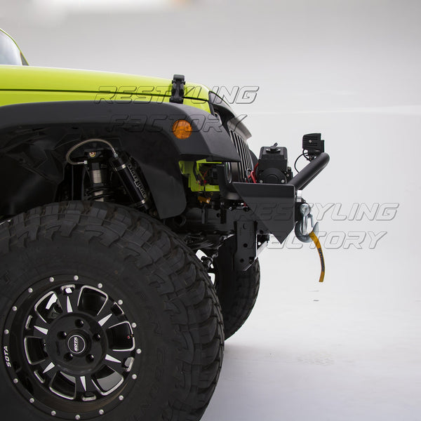 Restyling Factory -Black Textured Front Bumper With Fog Lights Hole & 2x D-Ring & Winch Plate for 07-17 Jeep Wrangler JK