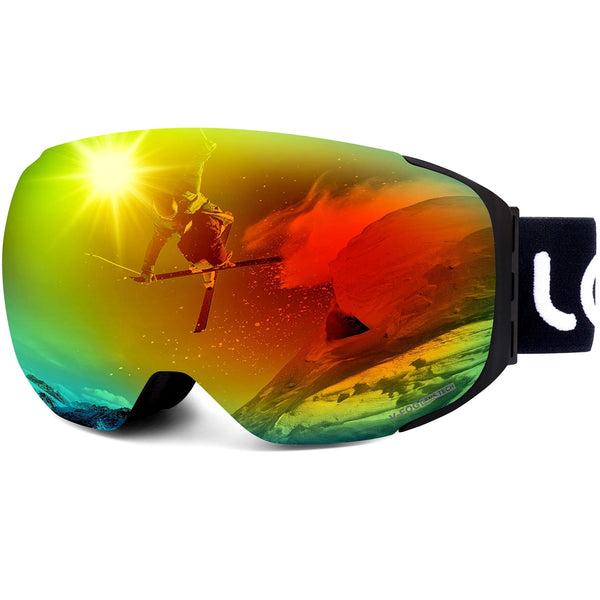 LEMEGO Ski Goggles Snowboard Goggles - Magnetic Frameless Interchangeable 100% UV400 Protection Dual Layers Anti-Fog Spherical Lens Anti-Slip Strap Helmet Compatible for Men & Women Youth (Red)