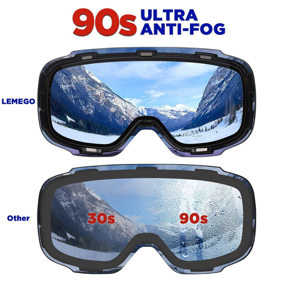 LEMEGO Ski Goggles Snowboard Goggles - Magnetic Frameless Interchangeable 100% UV400 Protection Dual Layers Anti-Fog Spherical Lens Anti-Slip Strap Helmet Compatible for Men & Women Youth (Red)