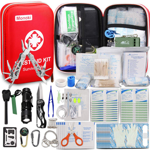Monoki First Aid Kit Survival Kit, 241Pcs Upgraded Outdoor Emergency Survival Kit Gear - Medical Supplies Trauma Bag Safety First Aid Kit for Home Office Car Boat Camping Hiking Hunting Adventures