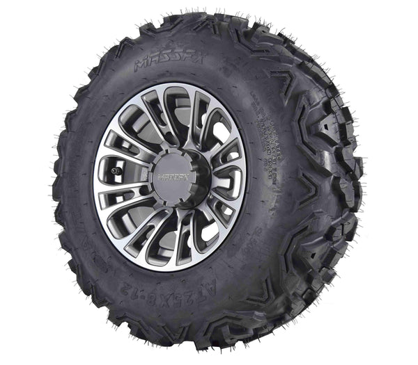 MASSFX SL 25x8-12 25x10-12 ATV Tires with QUAKE Gunmetal 12x7 4/156 Rims UTV Wheel and Tire Kit with Lug Nuts