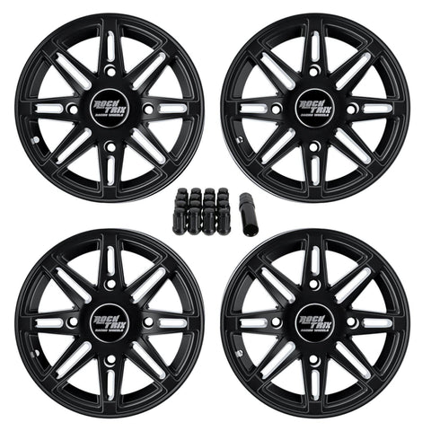 RockTrix RT103 14in ATV Wheels Rims 14x7 Matte Black | 4x137 | 5+2 Offset | includes 10x1.25 Spline Lug nuts | for Kawasaki Teryx Mule Can-Am Maverick Commander Renegade Outlander 4/137 - Set of 4