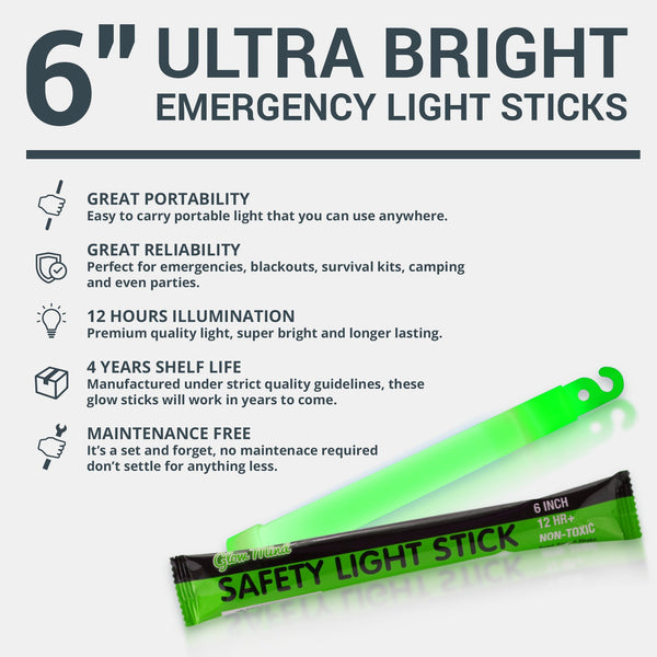 12 Ultra Bright Glow Sticks - Emergency Light Sticks for Camping Accessories, Parties, Hurricane Supplies, Earthquake, Survival Kit and More - Lasts Over 12 Hours (Green)