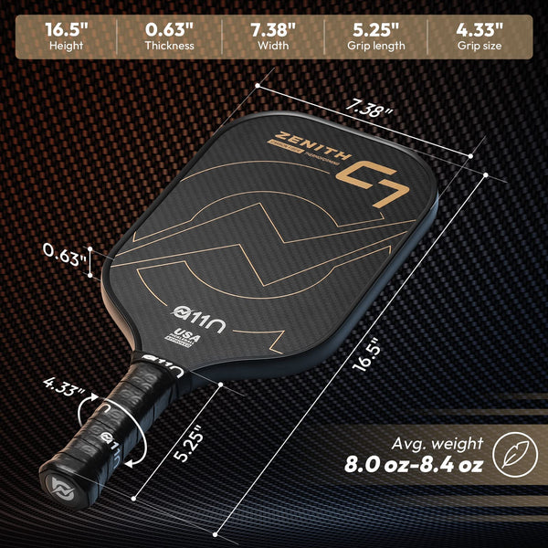 A11N Zenith C7-16mm Pickleball Paddle, T700 Carbon Fiber Thermoformed with Foam Injected Walls, USA Pickleball Approved, Elongated Shape, Gold