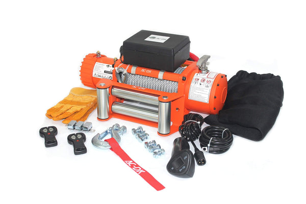 AC-DK 13500 lbs Electric Winch 12V DC Water Proof IP67 Recovery Winch with Steel Wire Rope Orange Color Come with Overload Protection Winch Dust Cover and 2 Wireless Remotes