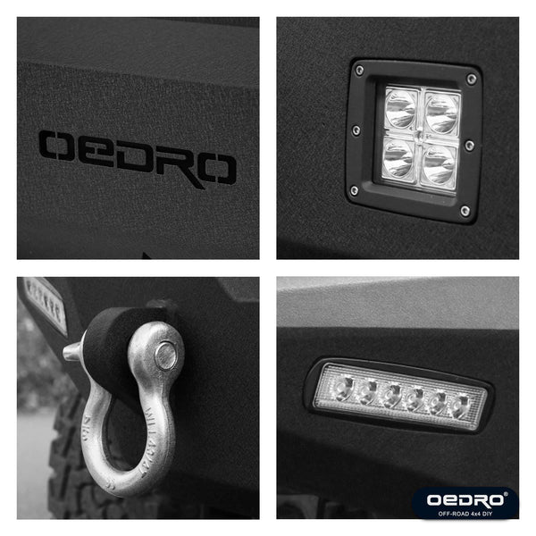 oEdRo Front Bumper Compatible for 87-06 Jeep Wrangler TJ & YJ Rock Crawler Bumper with Winch Plate Mounting & 4X LED Lights & 2X D-Rings Off Road
