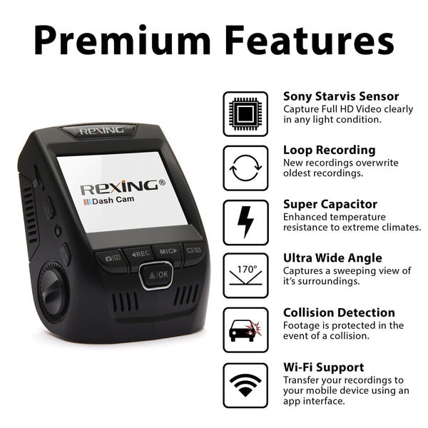 Rexing V1 Wi-Fi Car Dash Cam 2.4" LCD FHD 1080p 170° Wide Angle Dashboard Camera Recorder with G-Sensor, WDR, Loop Recording, Supercapacitor, Mobile App