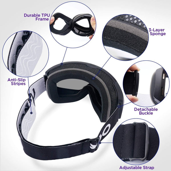 LEMEGO Ski Goggles PRO 90S Super Anti-Fog Ski Snowboard Interchangeable Lens 100% UV400 Protection Snow Goggles Anti-Slip Strap for Men&Women Silver（VLT 14.2%）