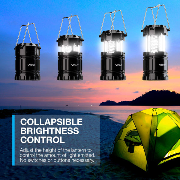 Vont 4 Pack LED Camping Lantern, LED Lantern, Suitable for Survival Kits for Hurricane, Emergency Light, Storm, Outages, Outdoor Portable Lanterns, Black, Collapsible, (Batteries Included)