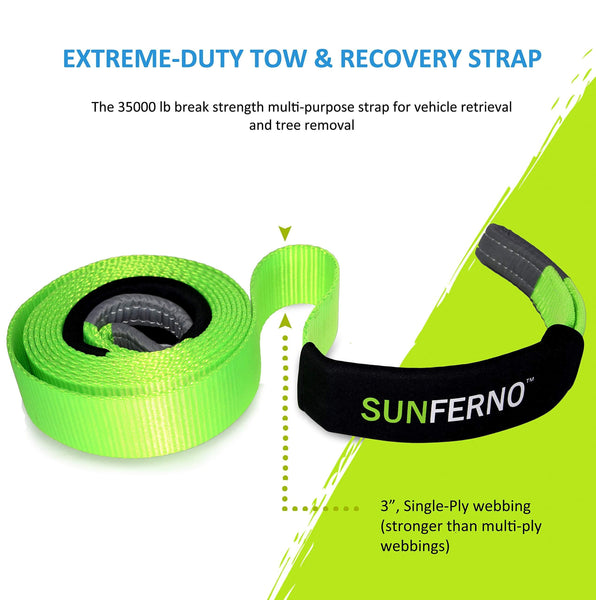 Ultimate Tow Recovery Strap 35000lb - Recover Your Vehicle Stuck in Mud/Snow - Heavy Duty 3" x 20' Winch Snatch Strap - Protective Loops, Water-Resistant - Off Road Truck Accessory - Bonus Storage Bag