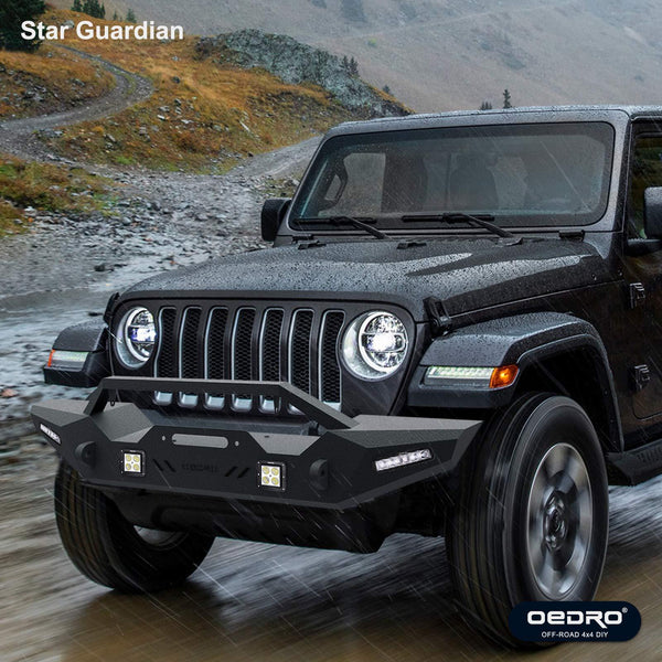 oEdRo Front Bumper Compatible for 87-06 Jeep Wrangler TJ & YJ Rock Crawler Bumper with Winch Plate Mounting & 4X LED Lights & 2X D-Rings Off Road