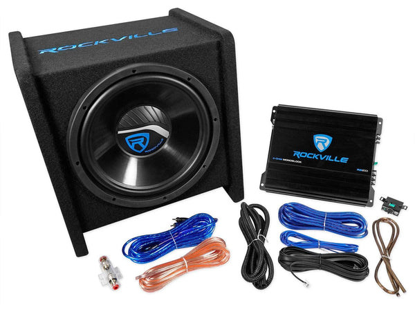 Rockville RV12.1B 600w 12" Loaded Car Subwoofer Enclosure+Mono Amplifier+Amp Kit